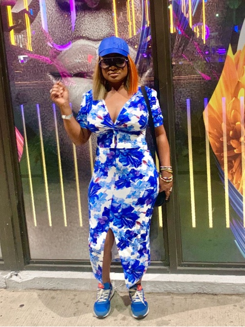 Blue Floral Twist-Front Dress, l PRINTED KNOT FRONT MIDI DRESS - L/XL